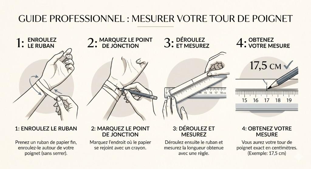Infographie en 4 étapes expliquant comment mesurer son tour de poignet avec un ruban de papier, un crayon et une règle.