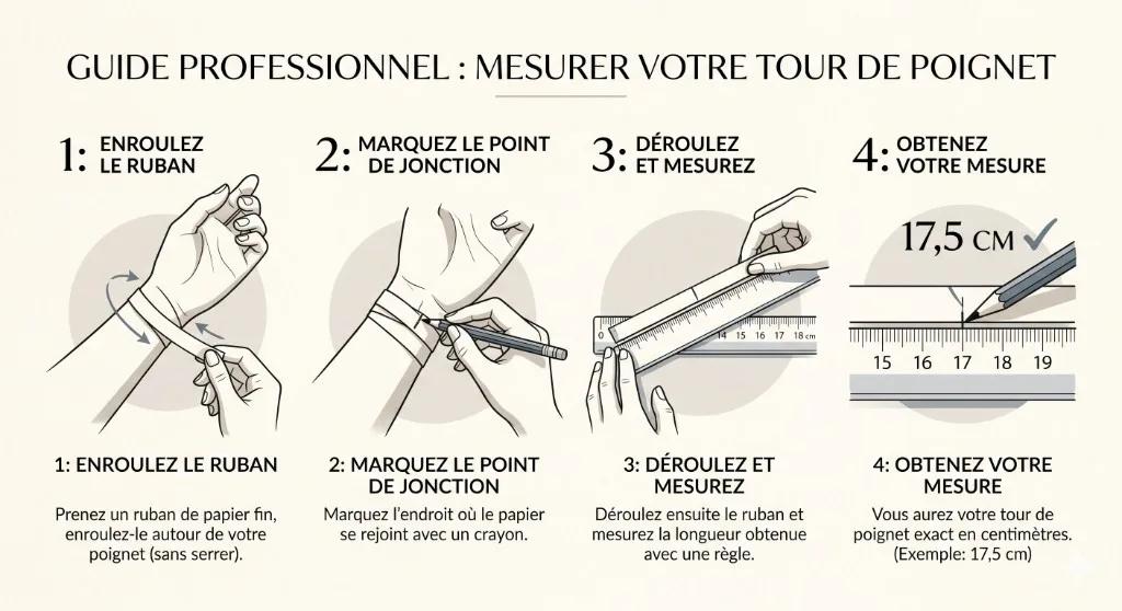 Infographie en 4 étapes expliquant comment mesurer son tour de poignet avec un ruban de papier, un crayon et une règle.